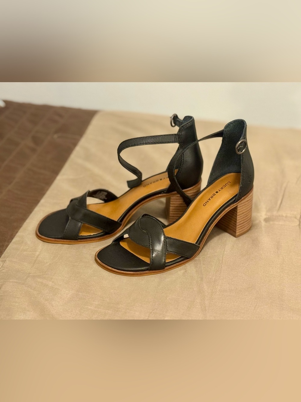 Lucky Brand Black Leather Strappy Block Heel Sandals